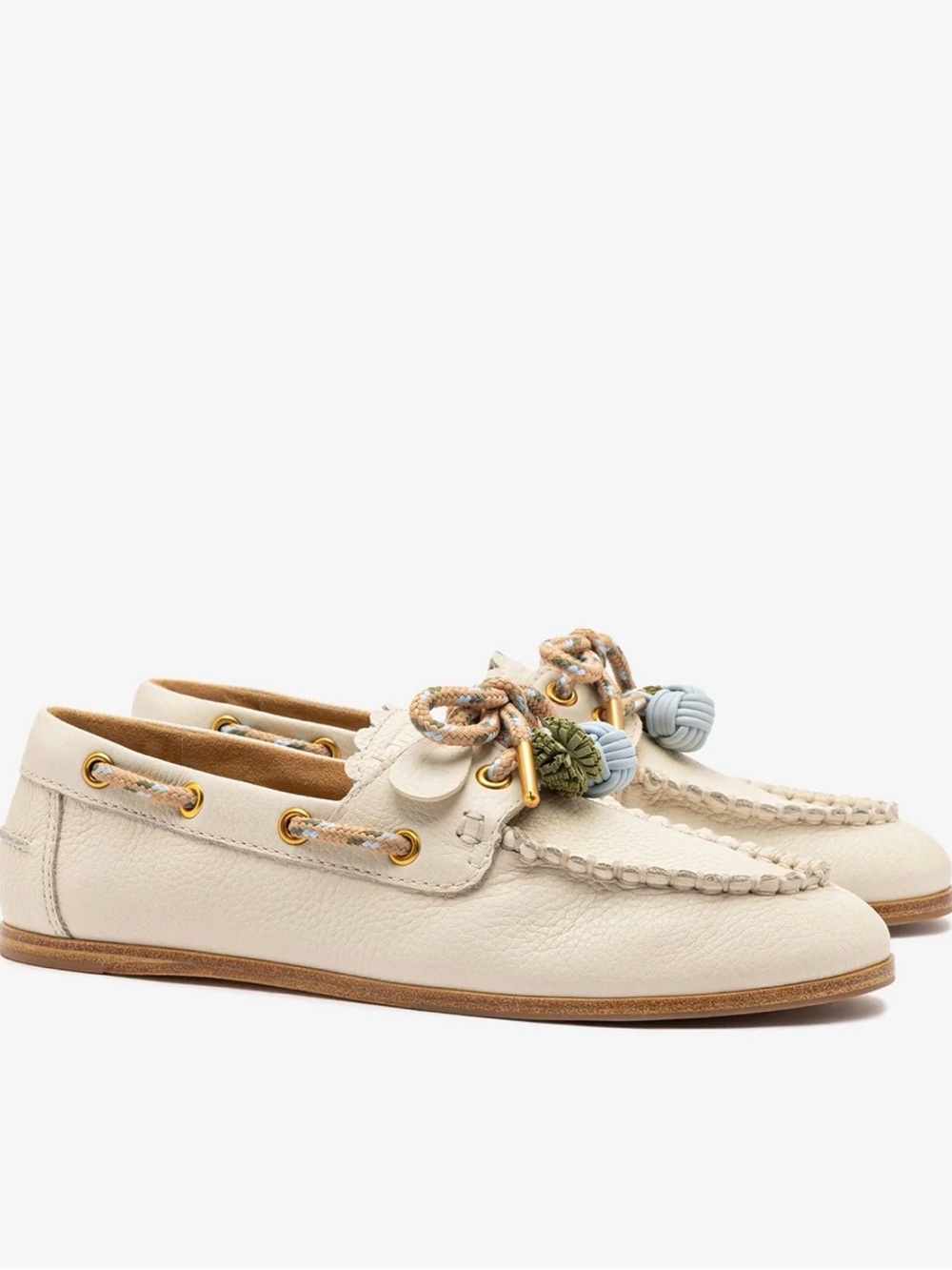 Larroude Cyprus Boat Shoe In Ivory Leather with pom-pom detail